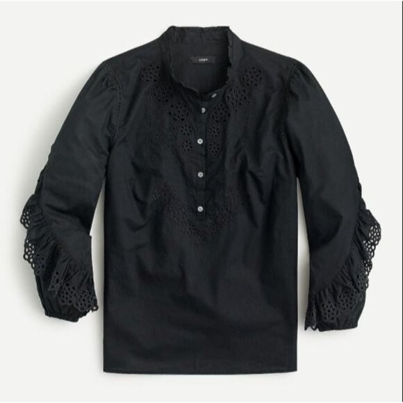 New J. Crew Women Medium Black Ruffle-Sleeve Blouse Top Embroidered Eyelet AR971 - Picture 1 of 8